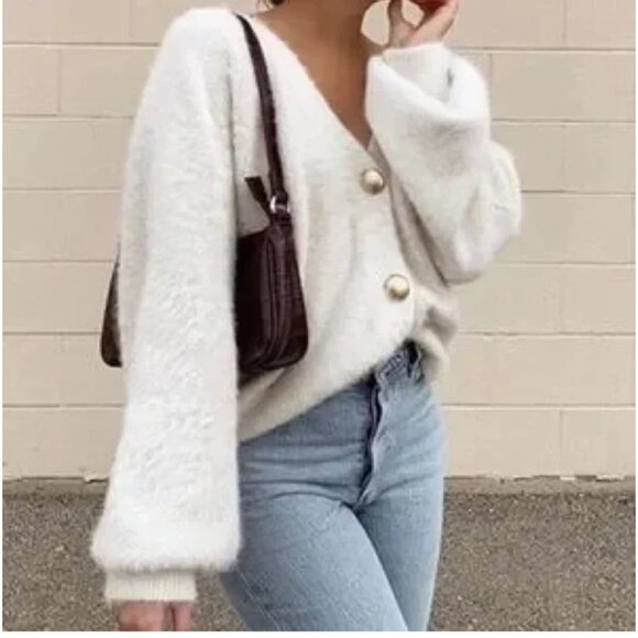 Princess Polly Sweaters - Princess Polly 'Oh So Soft Wool Cardigan V-Neck Boho Balloon Sleeves XS/Small